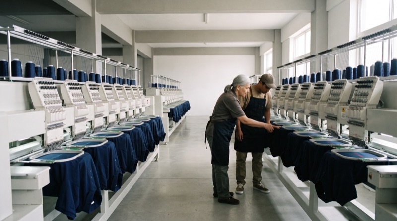 Two people in denim aprons look over a navy polo hooped on a multi-head embroidery machine, in an aisle lined on both sides with machines and navy thread cones