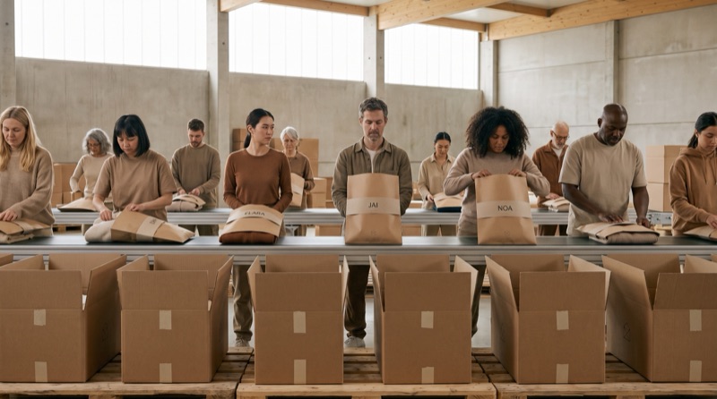People at a long packing table slide folded garments into kraft sleeves banded with first names such as Elara, Jai and Noa, above a row of open cardboard boxes