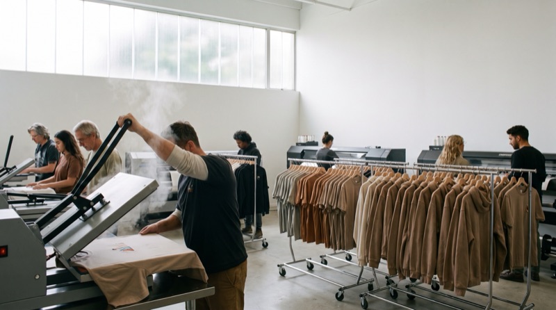 A bright print room with frosted windows, heat presses in the foreground and racks of finished tees and hoodies behind, while operators work the presses
