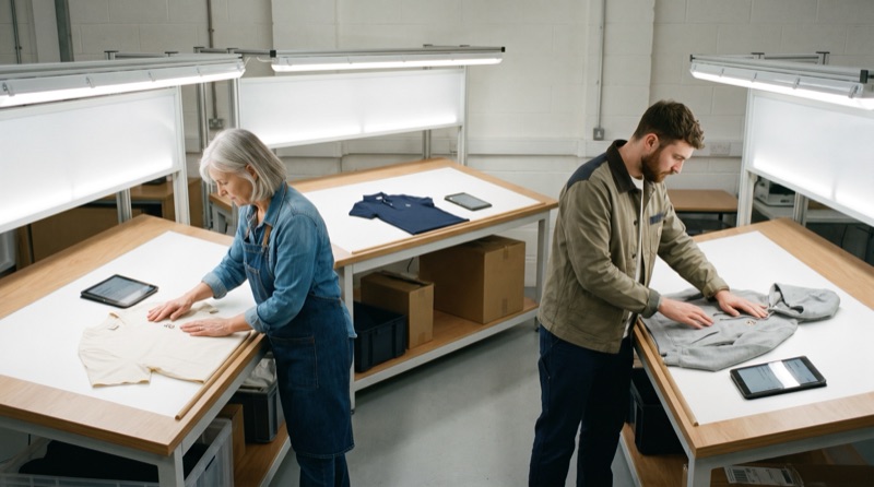 Two inspectors smooth a folded tee and a hoodie flat on lit inspection tables, a checklist tablet beside each piece