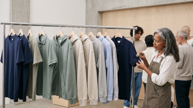 A designer checks a thread swatch against a polo sleeve beside a rail of navy, sage and oatmeal polos, hoodies and shirts