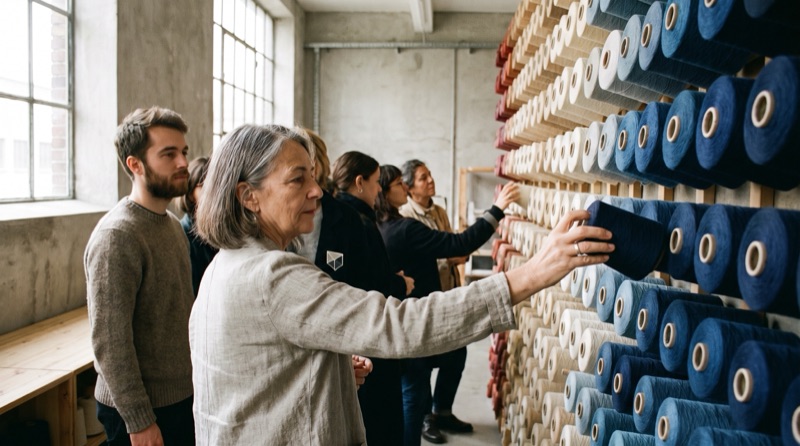 A woman reaches for a navy cone on a wall of thread cones running from rust and cream to deep blue, as colleagues look along the wall