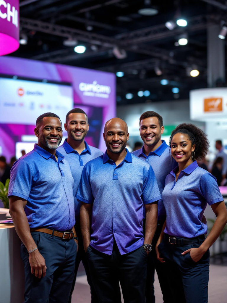 Poly9 booth team of five in matching gradient polos at a trade show booth